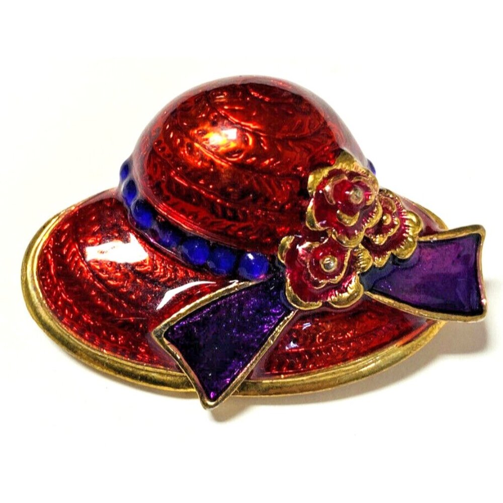Red Hat Society Brooch Pin Enamel Red Hat Red Gold Roses and Purple Ribbon